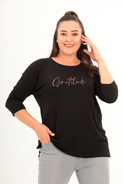 Şans Women's Plus Size Black Crew Neck Print and Stone Detail Bat Sleeve Blouse 65N38671