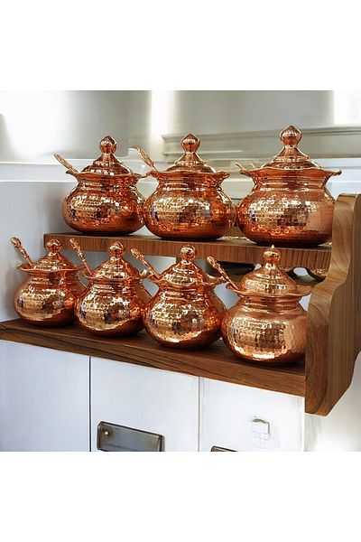 Bakır Center Copper Spice Rack 7-Piece Spice Rack Set with Spoon Copper Forged Stand Spice Rack Copper Storage Container