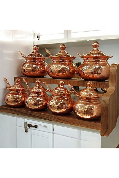 Bakır Center Copper Spice Rack 7-Piece Spice Rack Set with Spoon Copper Forged Stand Spice Rack Copper Storage Container