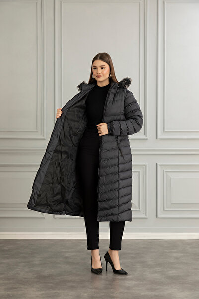 Space Fashion Women's Smoked Coat - Long Inflatable, Hoodie and Fur