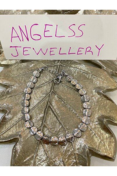 ANGELSS JEWELLERY Gümüş Ezme Yuvarlak Plaka Bileklik (Yassı Çakıl Taşı Ezme G...