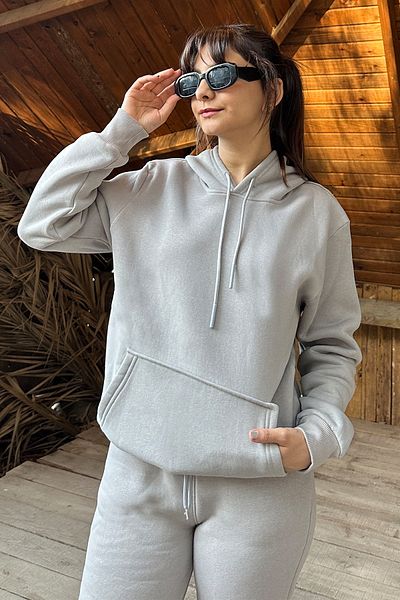 OXVİN Women's Kangaroo Pocket Hooded 3-Thread Puff Soft (Fleece Inside) Sweatshirt - Oversize Original Mold