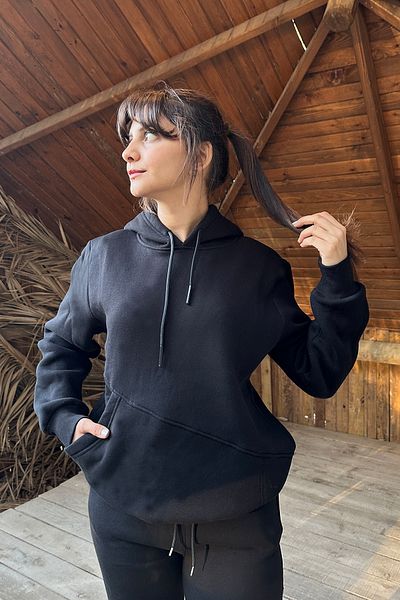 OXVİN Women's Oversize Puff Soft Hooded Sweatshirt - Cut Out Pocket, 3 Thread, Fleece Inside Surface