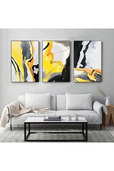 Linacci Triple Black Metal Frame Yellow Gray Glass Table Set