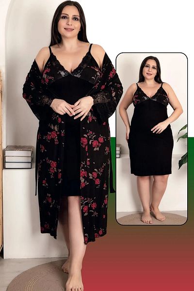 by İGP Black Floral Pattern Viscose Fabric Luxury Nightgown Dressing Gown Set