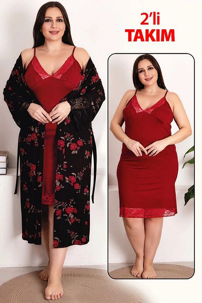 by İGP Rose Patterned Viscose Fabric 2-Piece Luxury Nightgown Dressing Gown Set