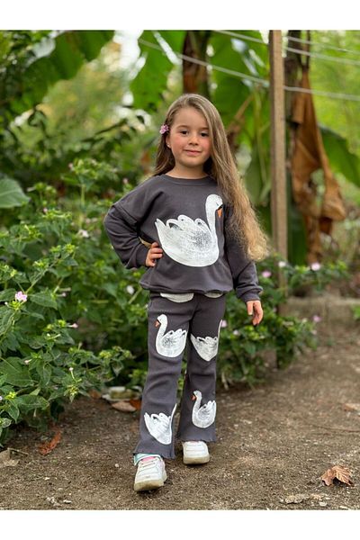 GÖKJOY BUTİK Premium Quality Cotton Fabric Girl Swan Printed Tights Set