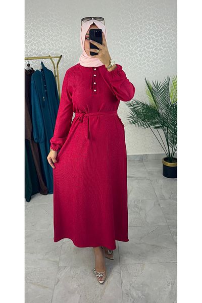 WAPP Women's Red Karin Fabric Lycra Front Button Tassel Lace Sash Hijab Dress