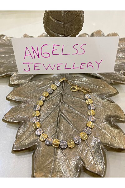 ANGELSS JEWELLERY Gold Gümüş Ezme Yuvarlak Plaka Bileklik (Yassı Çakıl Taşı E...