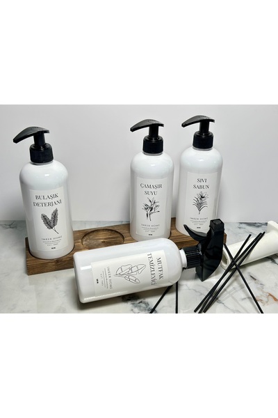 IMKER HOME 4 Gözlü Ahşap Stantlı Beyaz Bulaşık Deterjanı Mutfak Temizleyici Ç...