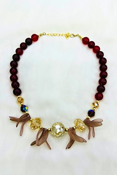PETEK AKSESUAR Leaf Burgundy Design Style Necklace