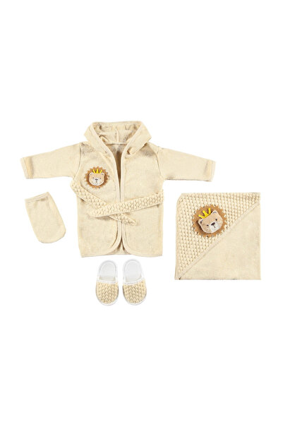 lullabee 0-2 Yaş %100 Pamuklu Organik Bebek-Çocuk Havlu Bornoz Seti Yenidoğan Aslan Temalı 4 Parça