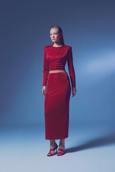 Sateen Red Glitter Midi Skirt