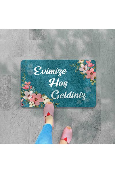 M&H Quality Welcome Written Digital Printed Flower Pattern Hooded Non-slip Mat - Washable for Inside and Outside