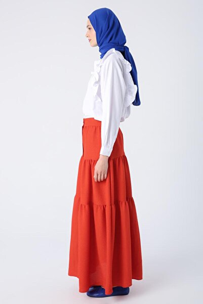 ALLDAY Pomegranate Flower-Buttoned Ruffled Wrapped Skirt with Elastic Waist