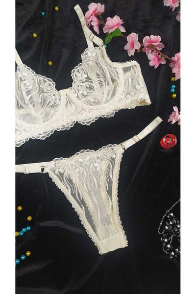 COLOR DE PIEL Women's Ecru Flower Patterned Stylish Bra Suit