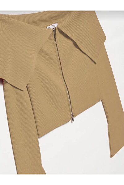 Dilvin Beige 60252 Model Bardot Collar Zippered Knitwear Cardigan