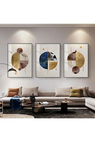 Linacci Triple Black Metal Frame Geometric Abstract Glass Painting Set