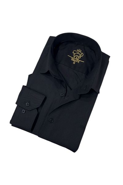 GÖMLEK GALERİSİ Slim Fit Solid Black Long Sleeve Men's Shirt