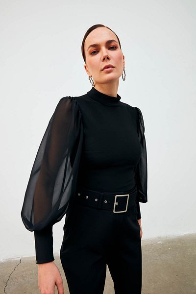Sateen Bluză cu mâneci din șifon cu guler vertical - neagră