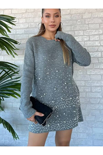 Genel Markalar İnci Detaylı Kadın Triko Kazak Mini Etek İkili Takım