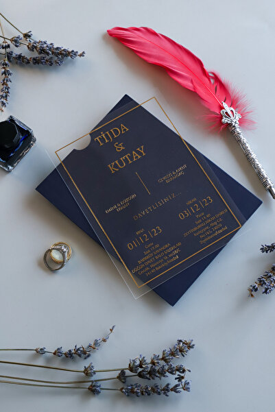 Pixel Davetiye Şeffaf Lacivert Davetiye - 50 Adet - Düğün, Nişan Kına, Sünnet, Nikah Davetiyesi - 9012