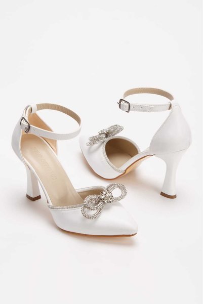 ELENAS Women's Stoned Bow White Skin Evening Dress Shoes