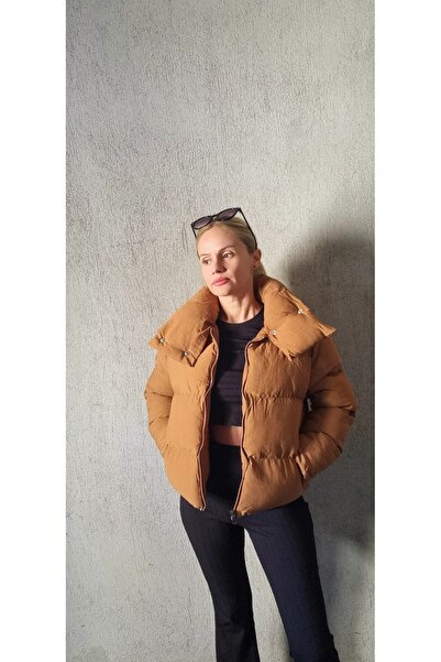 Garamak Kadın Dik Yaka Kahve Rengi Kısa Mont