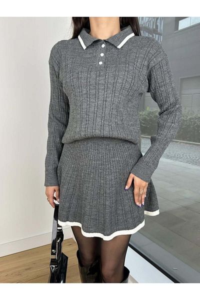 Lusin Women's Polo Neck Stylish Sweater Skirt Double Knitwear Set - Gray (New Color)