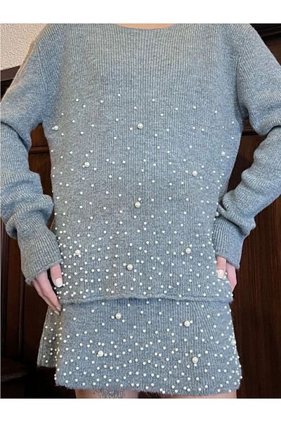 LUSSOLİFE Pearl Detailed Women's Knitwear Sweater Mini Skirt Double Set