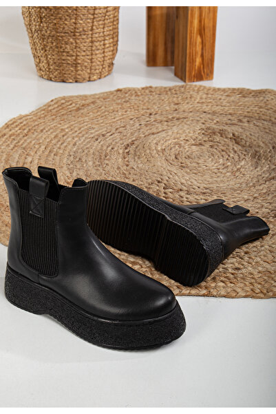 Mc vay Shoes 014 Μαύρες δερμάτινες ελαστικές λεπτομερείς κομψές γυναικείες μπ...