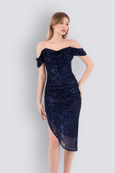 HOX'S Gisele Carmen Collar Midi Strapless Evening Dress - Navy Blue with Sheer Sequined Straps
