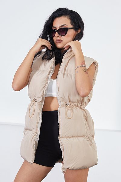moda armanc Women's Beige Puffer Vest with Elastic Waist