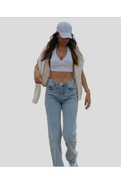 comfort jeans Diyzi 90s Medium Blue - Blugi Palazzo din Lycra cu talie înaltă și detalii de spălare a zăpezii