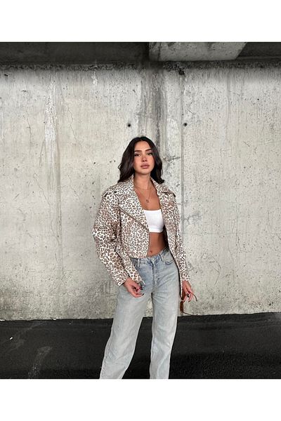 Ekim Store Leopard Washed Belted Crop Leather Jacket