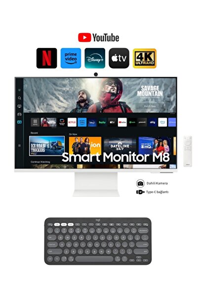 Samsung 32 Inç 4K Akıllı-SMART Monitör TV M8 M80c Beyaz Slim Tasarım Premium Gövde+ Logitech Kablosuz Klavye