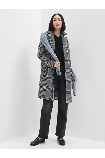 GAP Kadın Gri Ekose Desenli Uzun Kaban