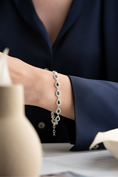 Silvano Jewelry 925 Ayar Gümüş Su Yolu Damla Zümrüt Taşlı Bileklik