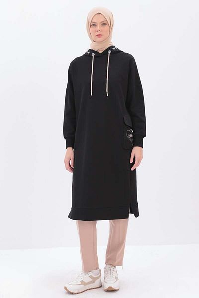 ALLDAY Black-Pocket Embroidered Hooded Sweat Tunic