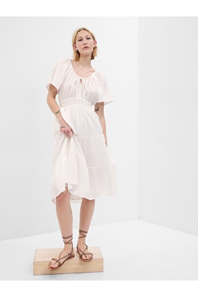 GAP Kadın Kırık Beyaz Crinkle Gauze Midi Elbise