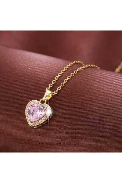 Yellow Rise Çelik Gold Pembe Kalpli Taşlı Kolye (Ciddi İlişki Kolyesi)