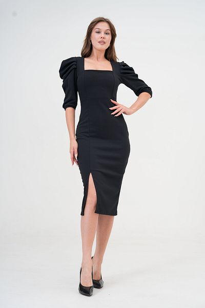 barış sülün lovebox Stretchy Fabric Square Neckline Midi Length Short Sleeves Black Evening Dress Homecoming Dress 026