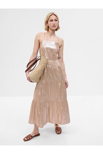 GAP Kadın Bej Askılı Metalik Maxi Elbise