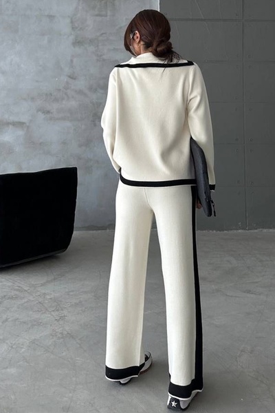 lovebox Λεπτομερές εύκαμπτο πλεκτό με κουμπιά Ζακέτα από ύφασμα και ψηλόμεσο παντελόνι Λευκό διπλό πλεκτό κοστούμι 2501