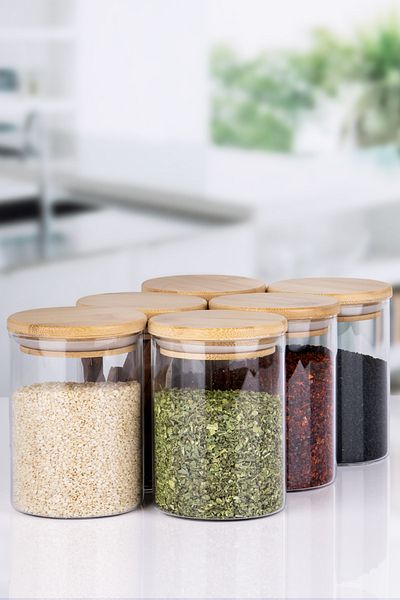 naturelove 6 Pieces Clear Label Vacuum Bamboo Lid Borosilicate Glass Spice Rack 200ml
