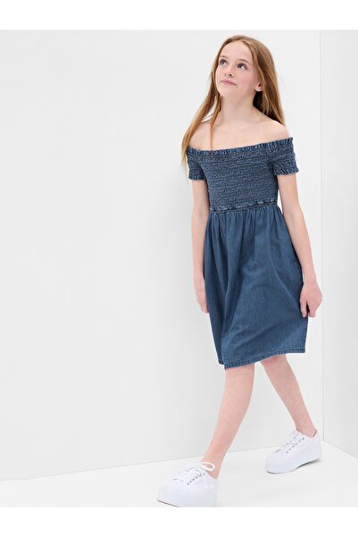 GAP Kız Çocuk Lacivert Büzgülü Denim Washwell™ Elbise