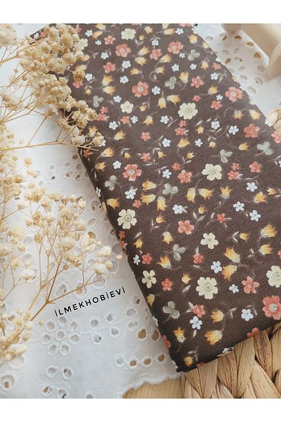 ilmekhobievi Tulip Pattern Poplin Fabric - Brown Background 100% Cotton 50X170Cm