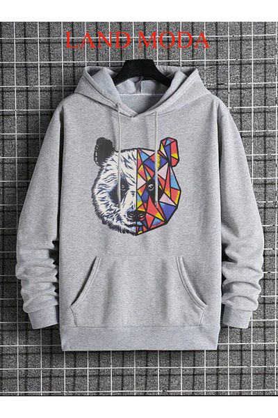 LAND MODA Γκρι φούτερ με κουκούλα Panda με σχέδιο