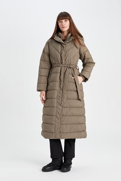 DeFacto Long Oversize Parka Coat - Hood, Belt and Pocket, Water Repellent C9703Ax24Cw