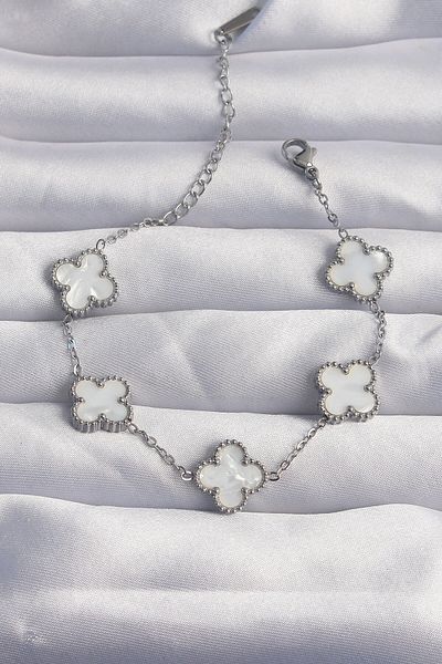 Skygo 316L Steel Special Series Silver Color White Pearlescent Clover Bracelet